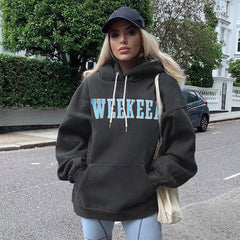 Streetwear Hoodie With Drawstrings Long Sleeve Embroidered Letters Contrast Color Basic Pullover Fleece Sweater