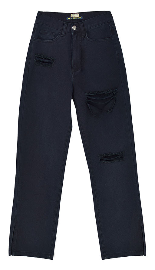 High Waist Straight Slimming Cool Black Denim Trousers Mop Hem Split Smooth Micro-Flared Pants