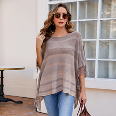 off Neck Tassel Shawl Contrast Color Striped Cape Coat