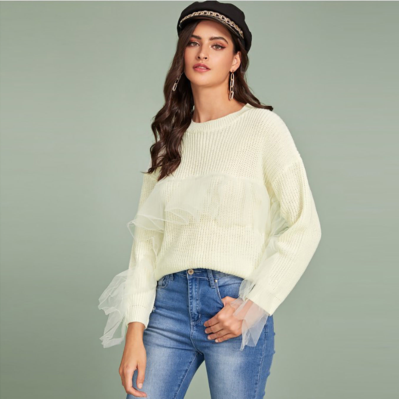 Casual Knitted Sweater Mesh Ruffled Stitching Top Sweater