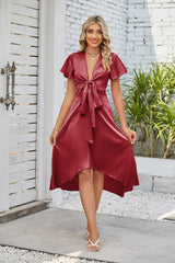 V Neck Pleated Short Sleeves Bow Two Way Lace Up