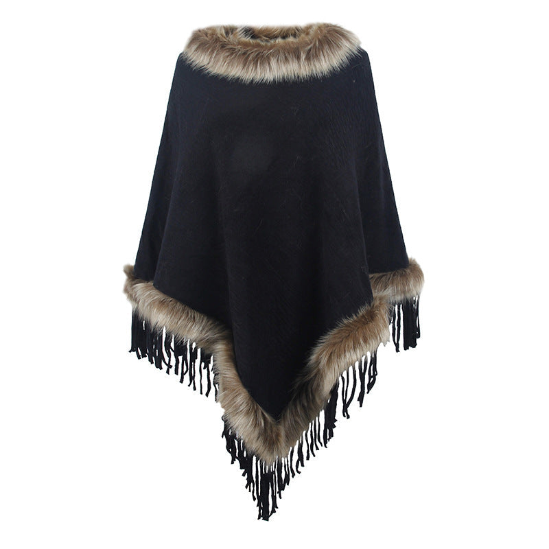 Knitted Tassel Cloak Solid Color Pullover Loose Inverness