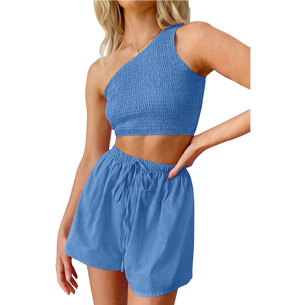 One Shoulder Pleated Cropped Top Shorts Beach Two Piece Suit