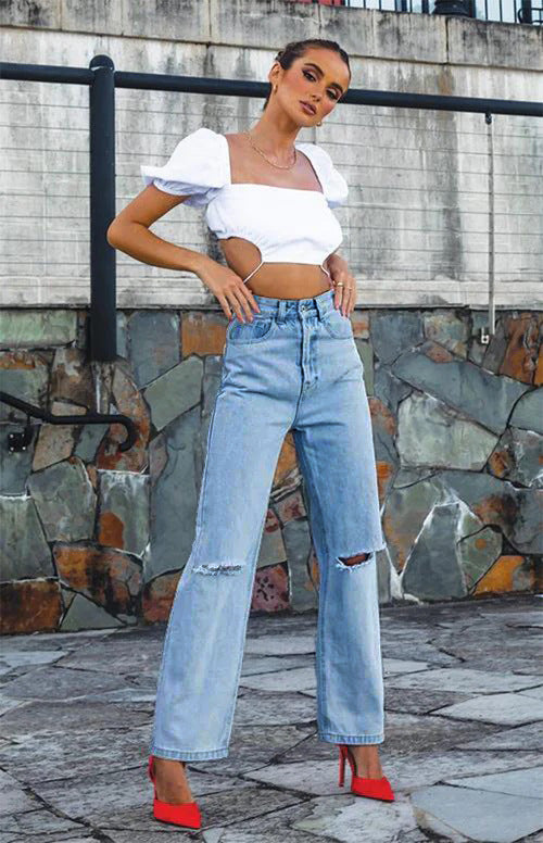 Jean déchiré Pantalon taille haute déchiré Jean droit ample