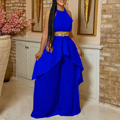 with Belt Two Piece Suit Sleeveless Backless Irregular Asymmetric Maxi Dress Wide Leg Pants Suit