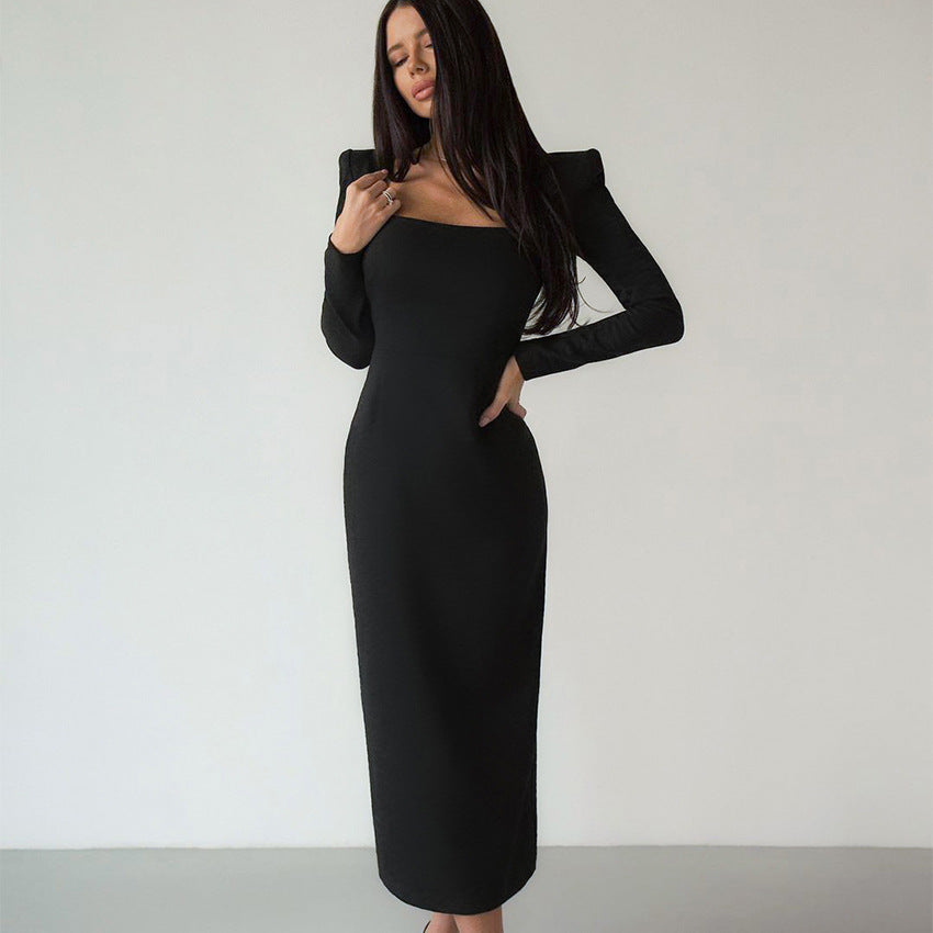 Maxi Dress Square Collar French Black Dress Slim Fit Sheath Dress