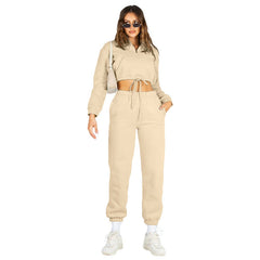 Solid Color StCollar Zipper Drawstring Cropped Brushed Hoody Casual Sweatpants Suit