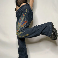 Jean rétro vieilli brodé de papillons, taille basse, pantalon droit pour le nettoyage du sol