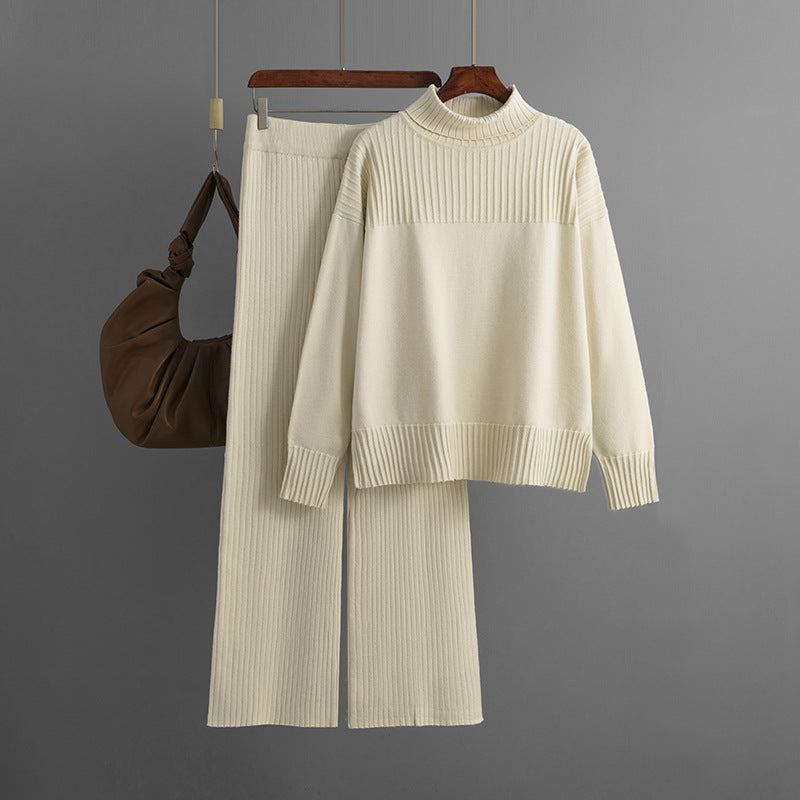 Knitted Pullover Solid Color High Collar Loose Casual Sweater Two Piece Set