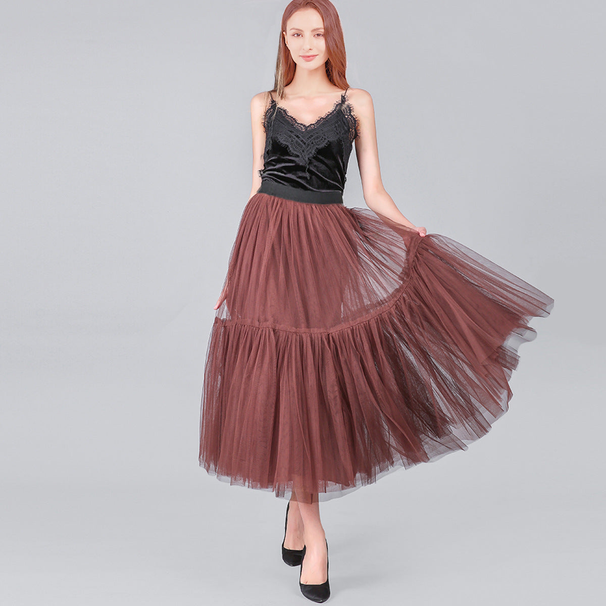Langes bodenlanges Kleid Übergroßer Swing-Netzrock Patchwork-Maxikleid A-Linie Pettiskirt mit hoher Taille