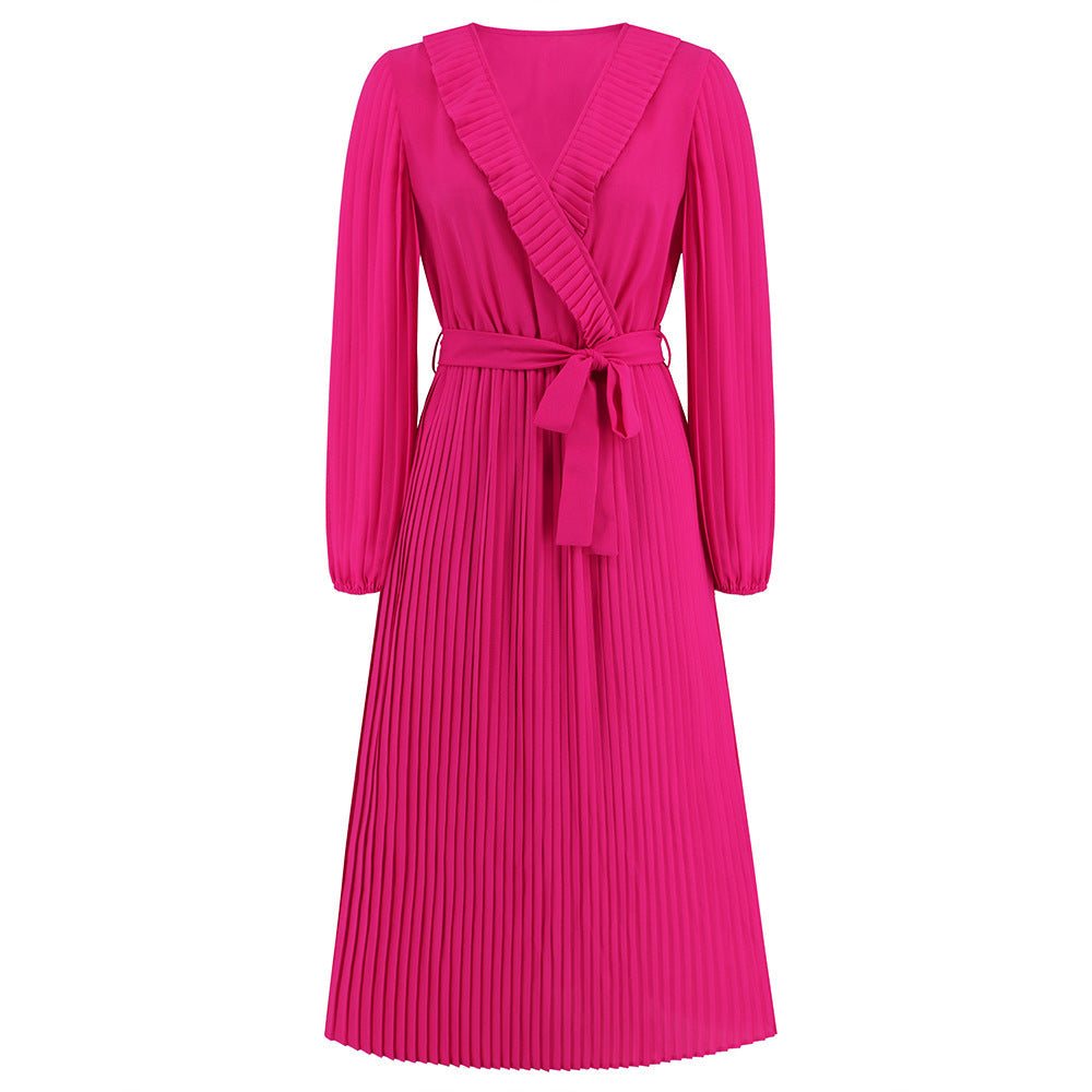 Ruffled V Neck Long Sleeved Pleated Dress Slim Fit Elegant Dress