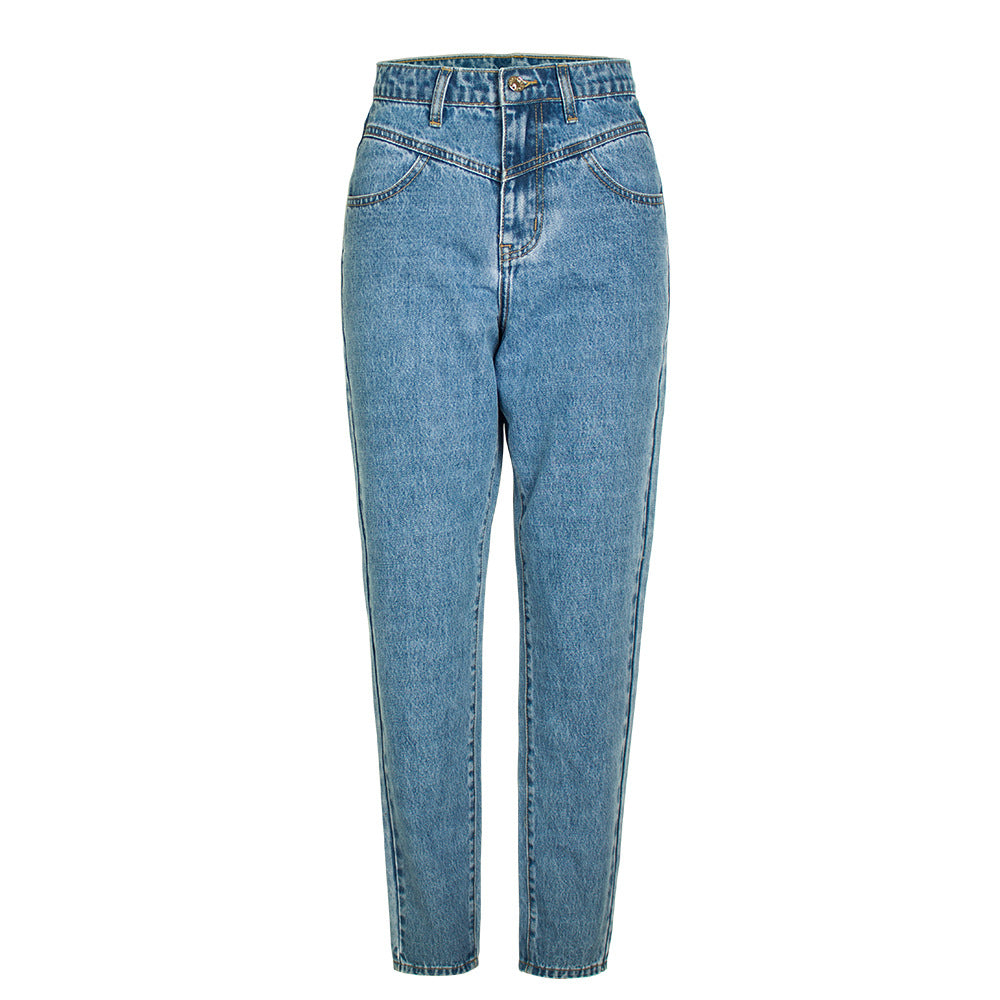 High Waist Slim Straight Washed Denim Trousers Street Feet