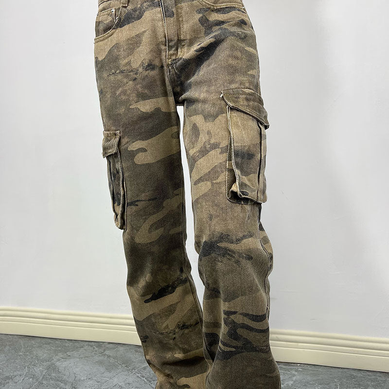 High Street Camouflage Workwear Personality Pocket Jeans Street Hipster Straight Leg Pants Trousers