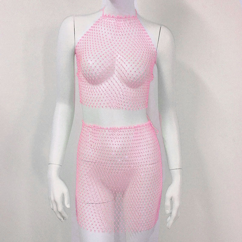Ensemble jupe de plage en maille avec bretelles en résille et strass