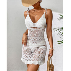 Short Knitted Sling Deep V Plunge See through Hollow Out Cutout Floral Hem Jumpsuit Knitted Beach Dress