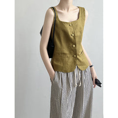 Retro Linen Vest-Interest Square Collar Sleeveless Short Top