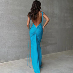 Solid Color Backless Pleated Long Elegant Slim Strap Dress