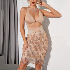 Halterneck Christmas V neck Sequined Tassel Hollow Out Cutout Backless Dress