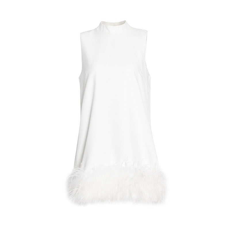 Australian BrShort StCollar Sleeveless Solid Color Stitching Hem Feather Dress