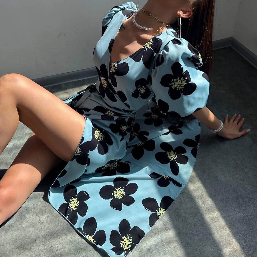 Lantern Sleeve V neck Dress Slim Fit Large Swing Elastic Printing Maxi Dress