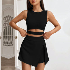 Cropped Bare Cropped Slim Fit Sleeveless Knitted Vest High Waist Stretch Culottes Suit