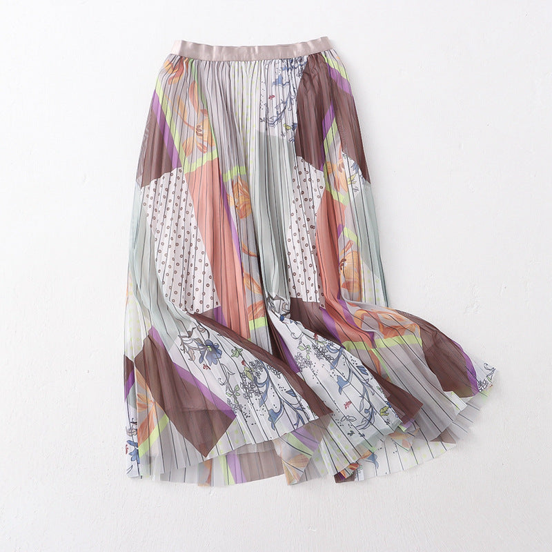 Retro Artistic Printed Skirt Mid Length Mesh