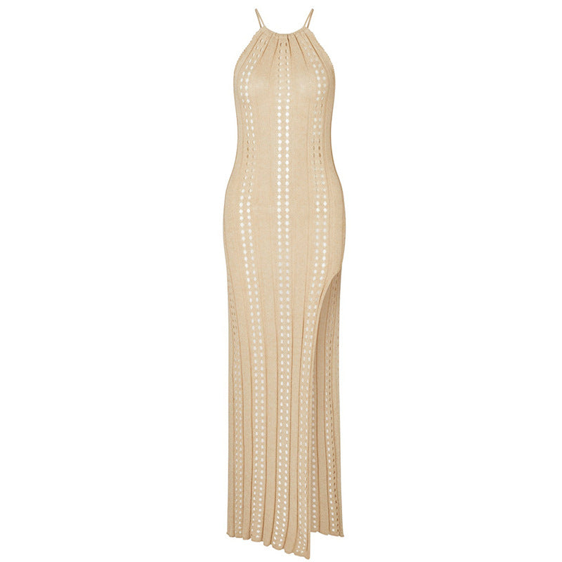Straps-Strandkleid, einfarbig, ärmellos, gestrickt, ausgehöhlt, Cut-Out, Badeanzug, Urlaub, Strandkleid