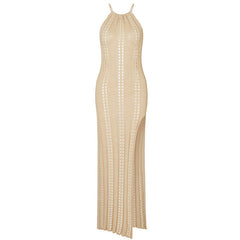 Straps-Strandkleid, einfarbig, ärmellos, gestrickt, ausgehöhlt, Cut-Out, Badeanzug, Urlaub, Strandkleid