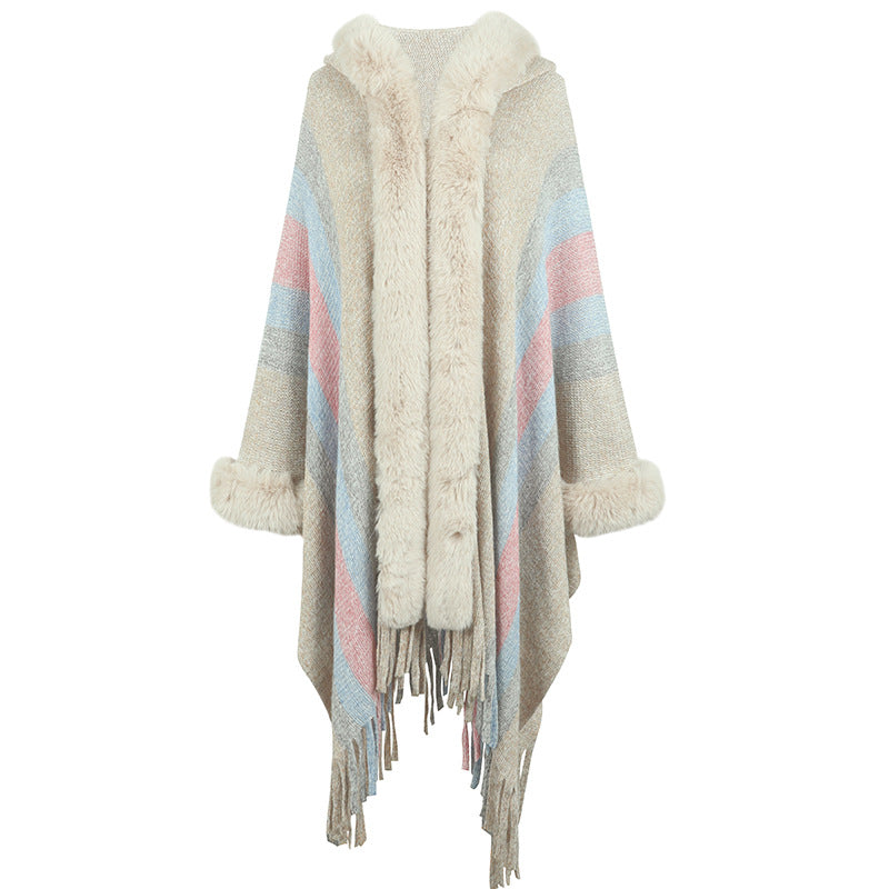 Hooded Cape Striped Knitted Tassel Shawl