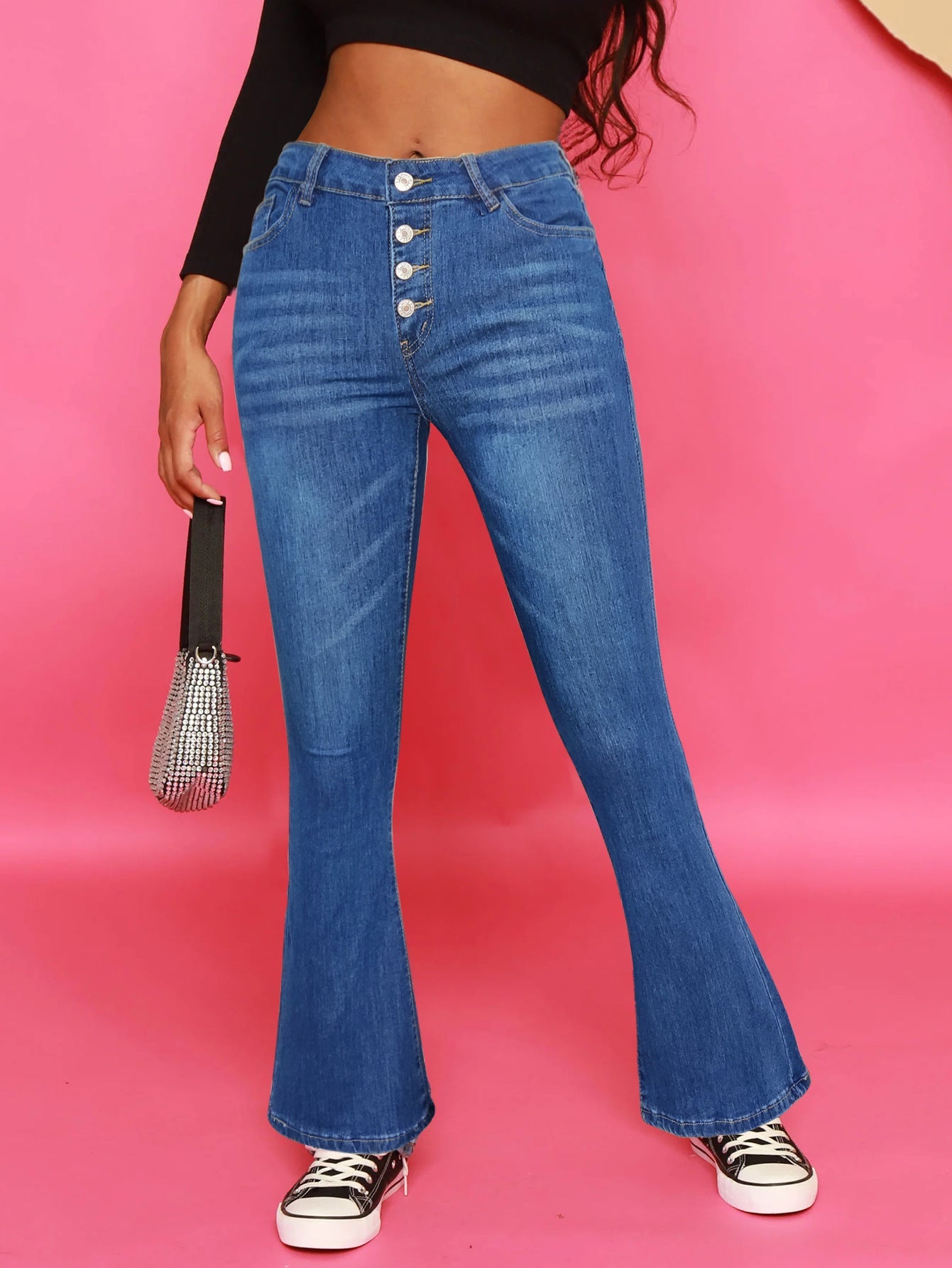 Pantalon en denim délavé simple, ample, évasé et décontracté