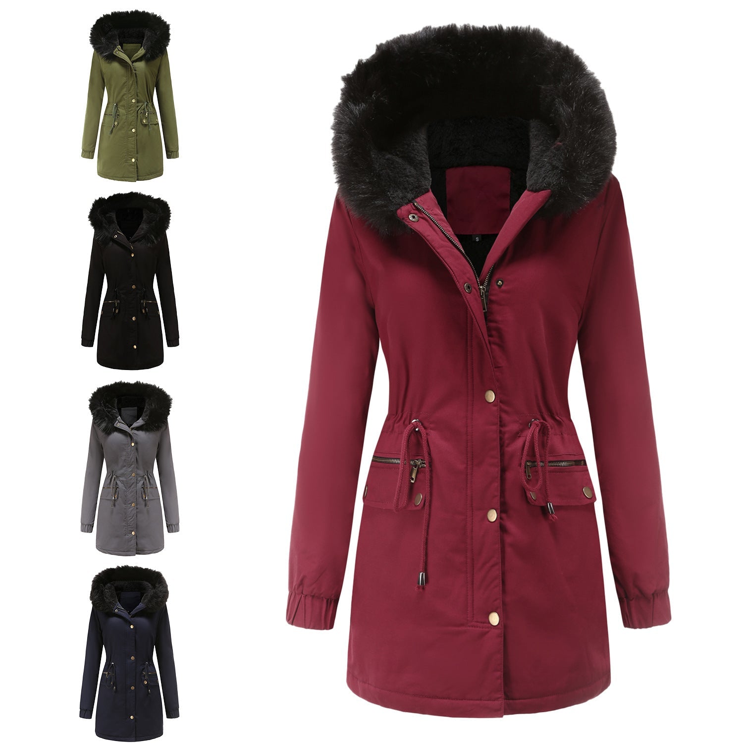 Parka Fleece Lined Coat with Fur Collar Hooded Warm Jacket Loose Cotton Coat Plus Size