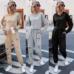 Casual two piece set Loose Hole Sports Sweater Suit