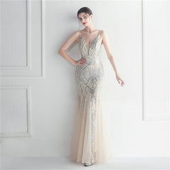 Mesh Beads Sequined Dress Long Evening Dress Star Event Exhibition Stage
