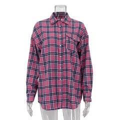 Retro Plaid Shirt Casual Plaid Top All Matching Collared Loose Mid Length Shirt