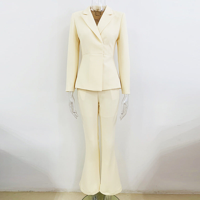 Star Simple Cream Color Hidden Hook Waist Tight Suit Bell Bottom Pants Suit Two Piece Suit