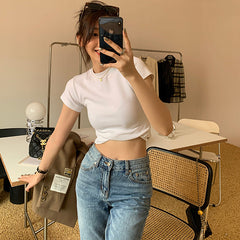 White T shirt Shoulder Short Sleeve Slimming round Neck Cotton Bandage Dress Bottoming Top