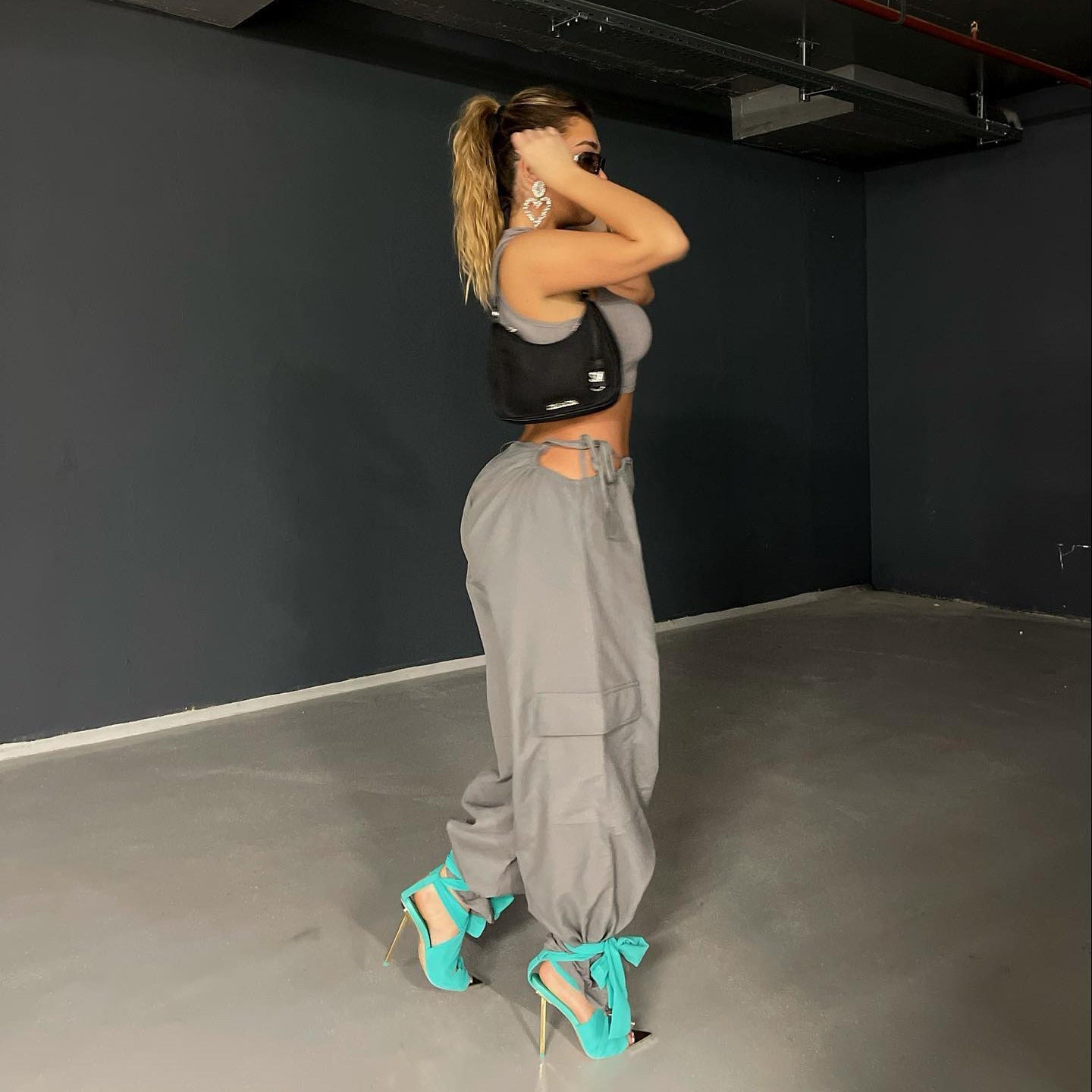 High Waist Hollow Out Cutout Drawstring Solid Color Ankle Banded Working Pants Retro Easy Matching Solid Color Straight Leg Pants