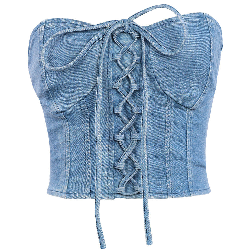 Crossover Lace up Denim Back Outer Wear Tube Top Casual Body Shaping Short Vest Zipper Wrapped Chest