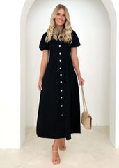 Solid Color Casual High Waist Collared Breasted Dress