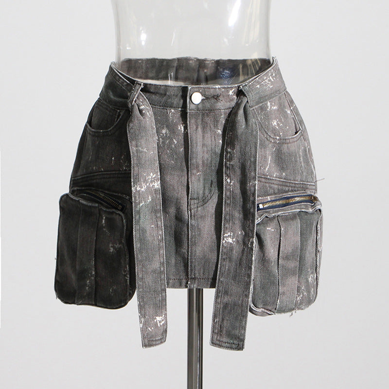 Personalized Vintage Sheath Skirt Camouflage Lace Up Waist Controlled Stitching Large Workwear With Pocket Skirt