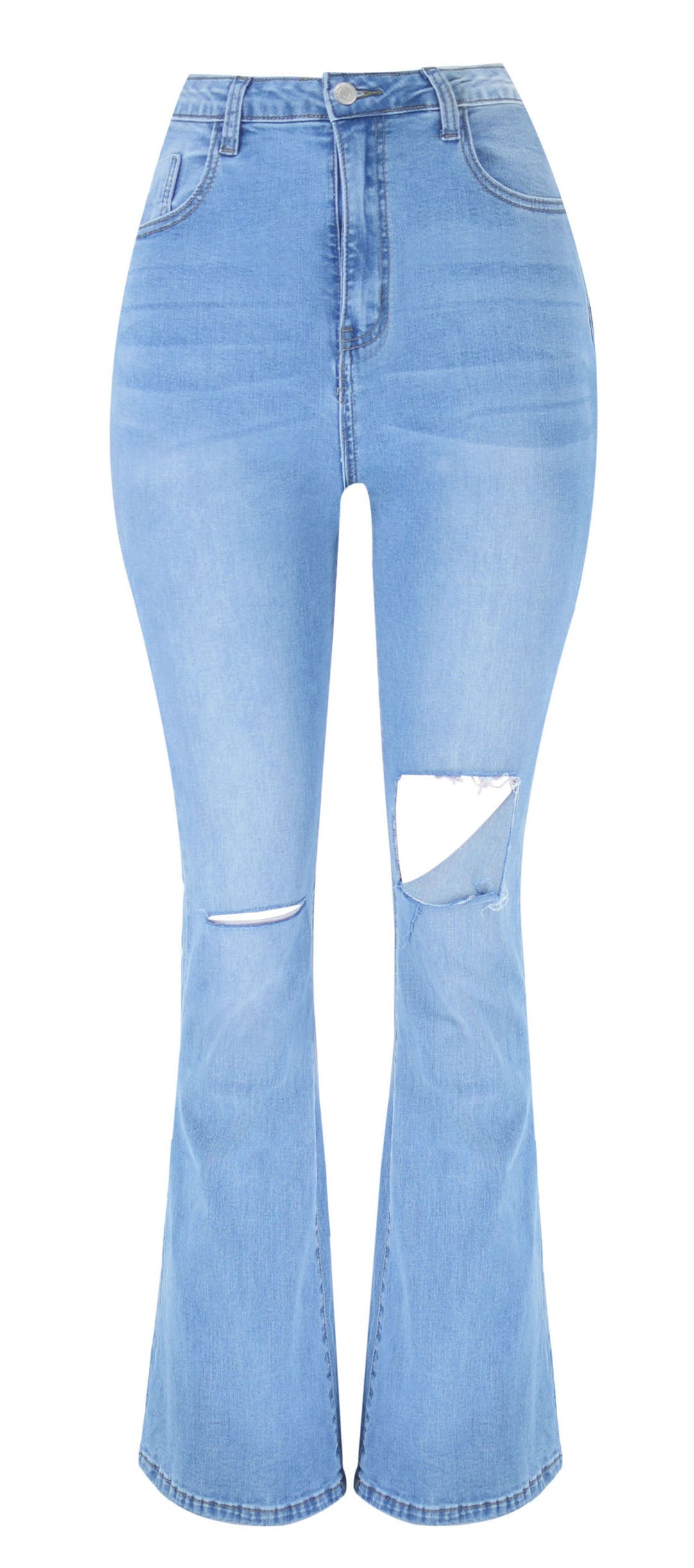 Pantalon en jean taille haute extensible, confortable, amincissant, légèrement évasé, déchiré au genou, facile à porter