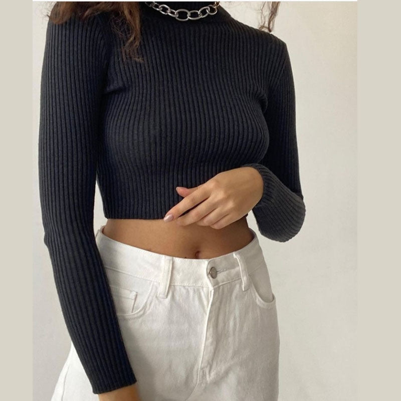 Long Sleeve High Collar High Waist Knitted Sweater Top