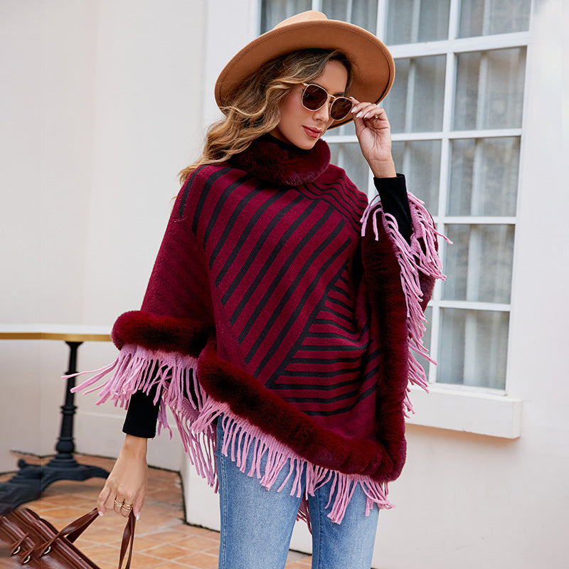 Fur Collar Pullover Tassel Knitted Cape Stripe Warm Shawl