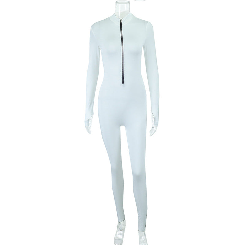 Trousers Solid Color High Waist Slim Long Sleeve Zipped StCollar Jumpsuit