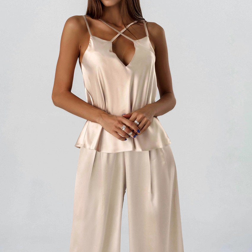 Pyjama en soie artificielle, confortable et frais, bretelles, pantalon, couleur unie, vêtements d'intérieur