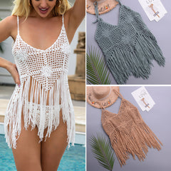 Vacation Beach Tassel Pure HCrocheting Woven Split Swimsuit V-neck Lace up Top Crochet