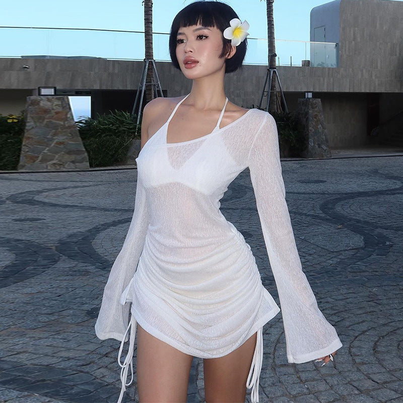 Pure Shoulder Long Sleeve See through Pleating Dress