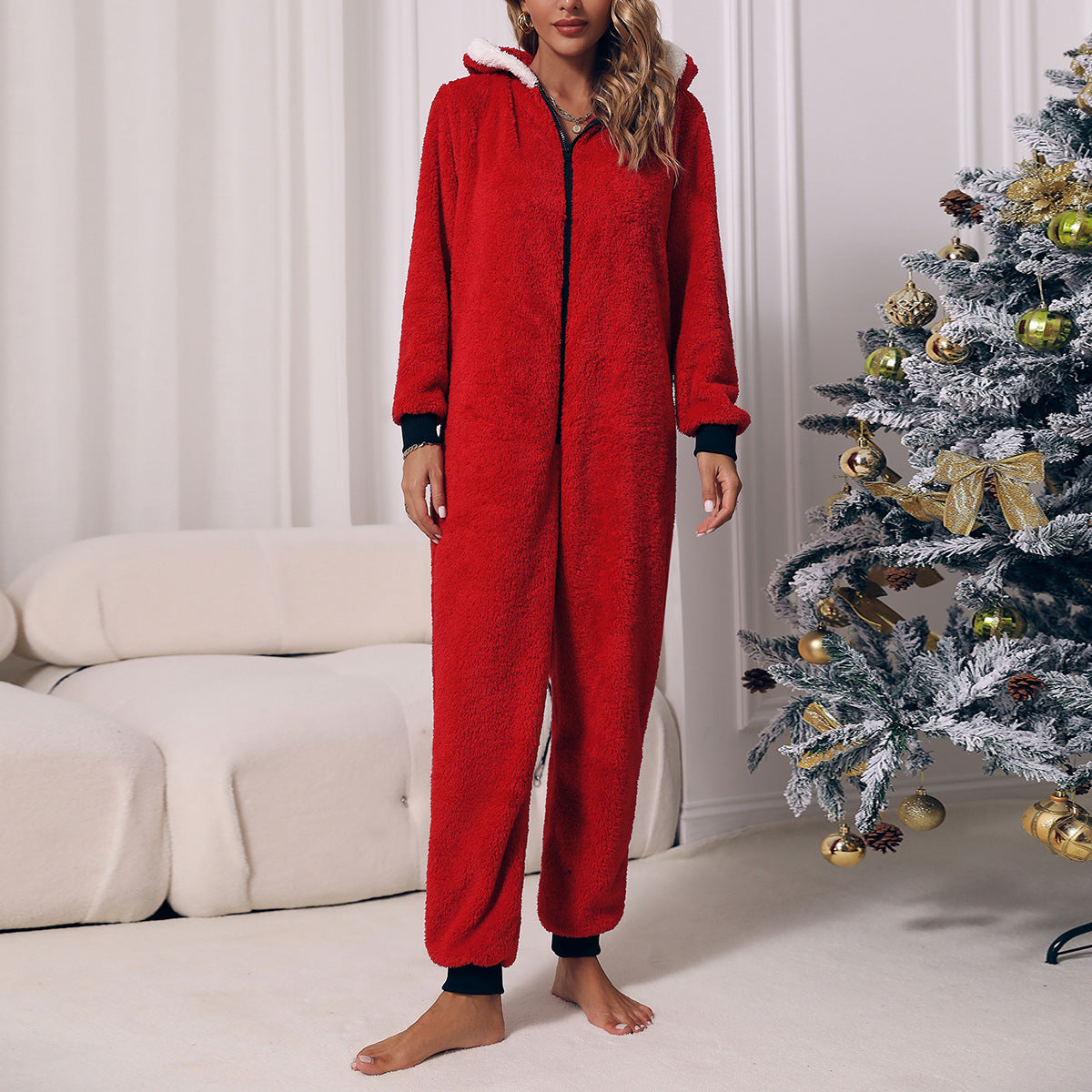 round Neck Long Sleeved Trousers Home Casual Suitable Daily Wear Plush Christmas Jumpsuit