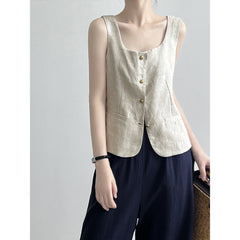 Retro Linen Vest-Interest Square Collar Sleeveless Short Top