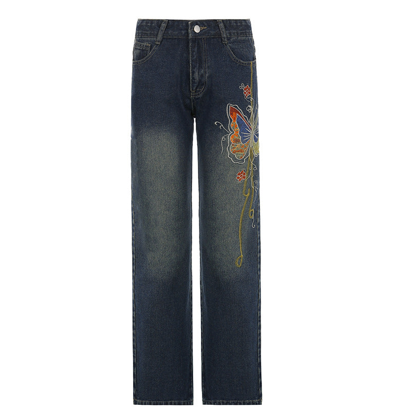 Jean rétro vieilli brodé de papillons, taille basse, pantalon droit pour le nettoyage du sol